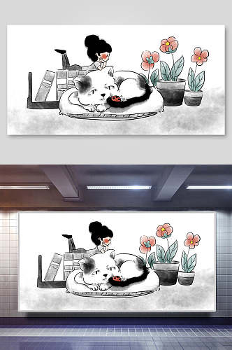 水墨节气插画海报猫和女孩
