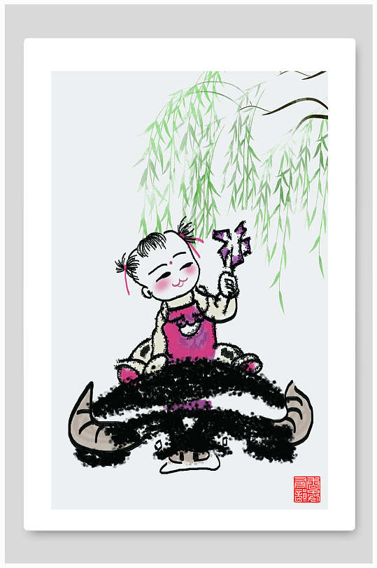 中国风水墨画儿童骑黄牛