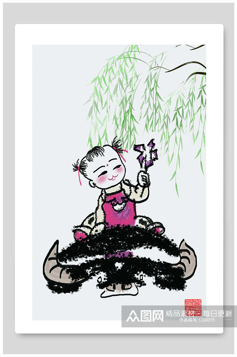 中国风水墨画儿童骑黄牛素材