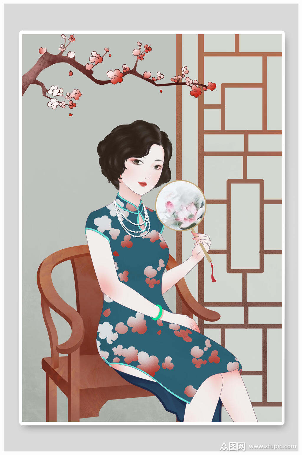 民国风旗袍人物插画素材