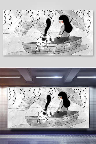 水墨节气插画海报女孩猫划船