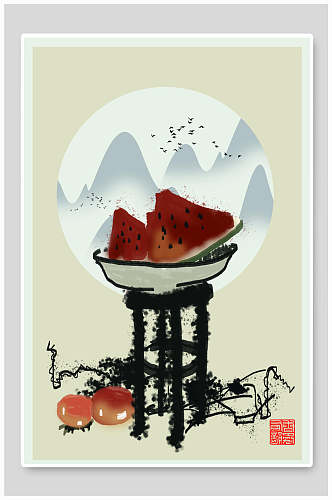 中国风水墨画水果和山水海报