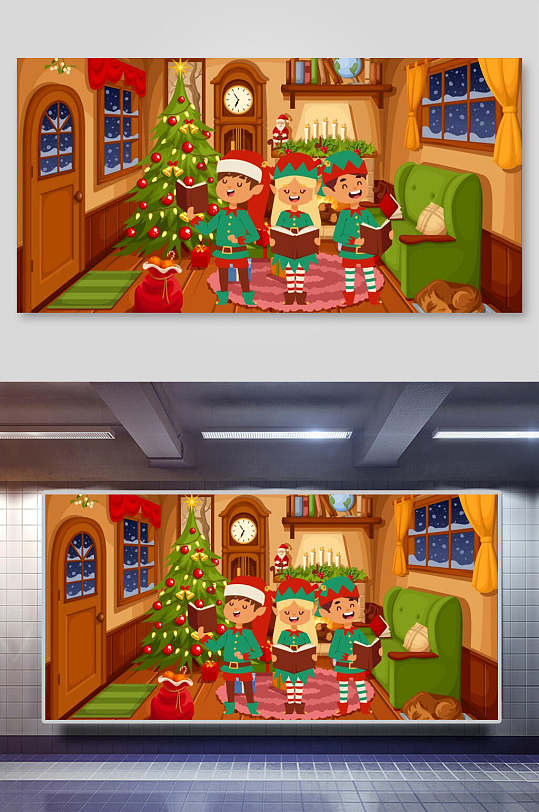 圣诞节唱圣诞歌插画