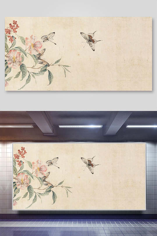 中国风背景古画蝴蝶花朵