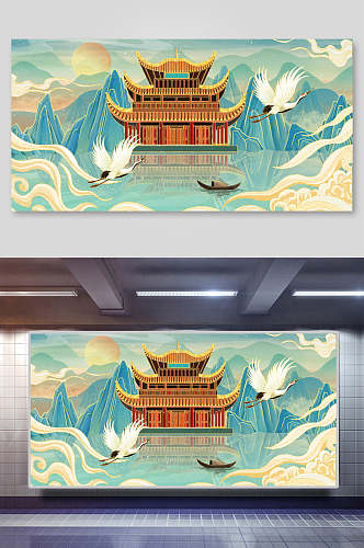仙鹤宫殿国潮背景海报