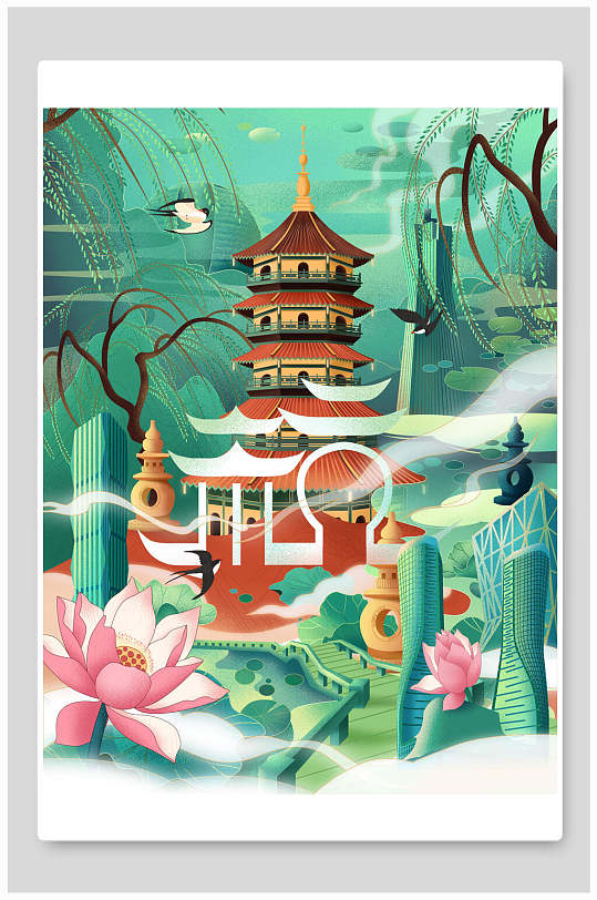 城市印象插画景点旅游打卡西湖-众图网