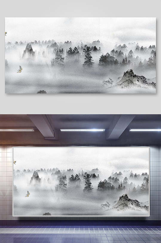 中国风背景山水雾树林