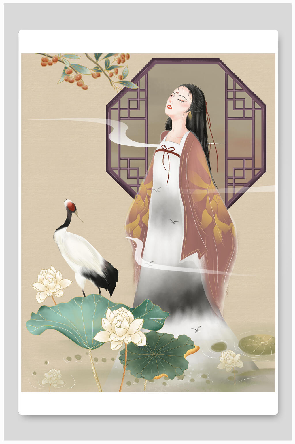 国潮中国风女子仙鹤插画素材