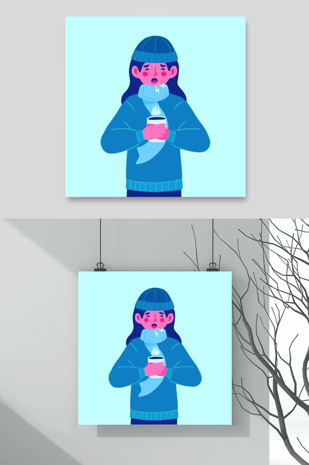 蓝色卡通少女矢量元素素材