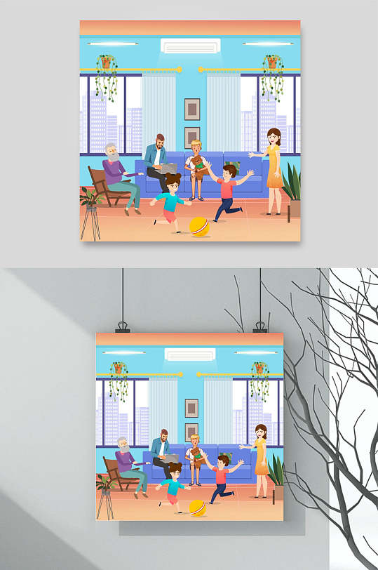 家庭客厅聊天游玩插画元素