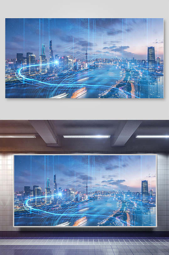 科技城市背景流光溢彩上海插画