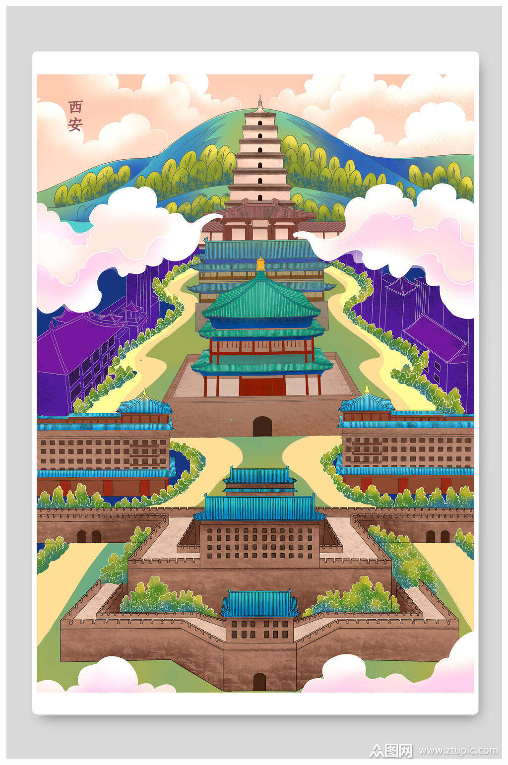 大雁塔国潮风海报素材