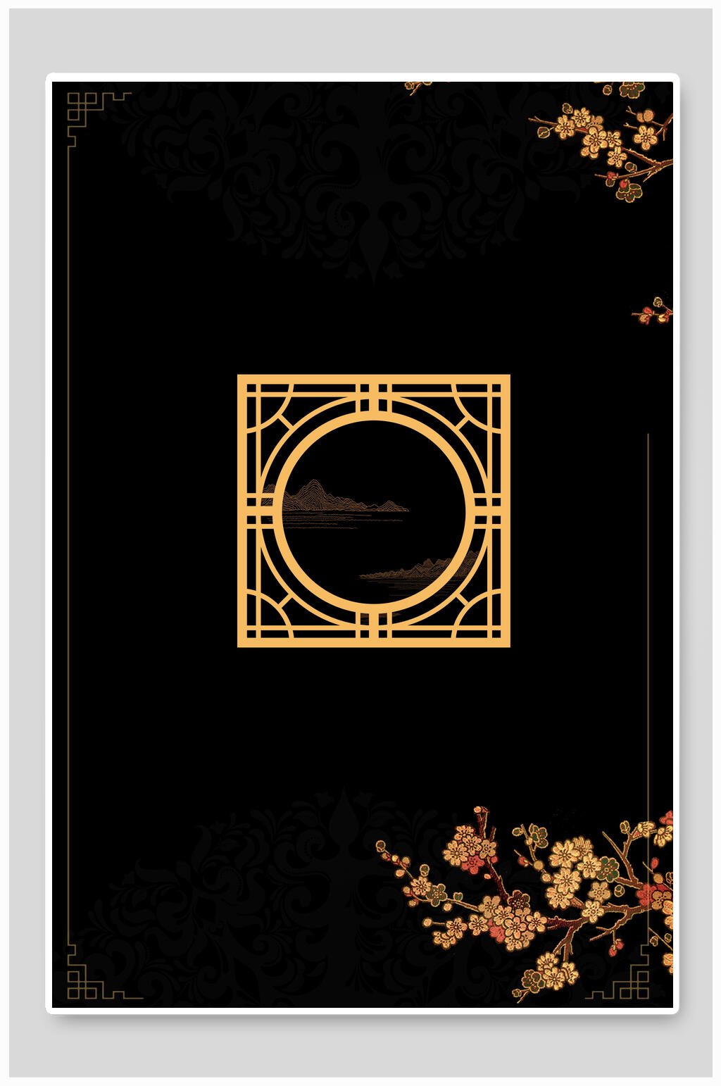 中国风黑金桃花中式背景素材素材