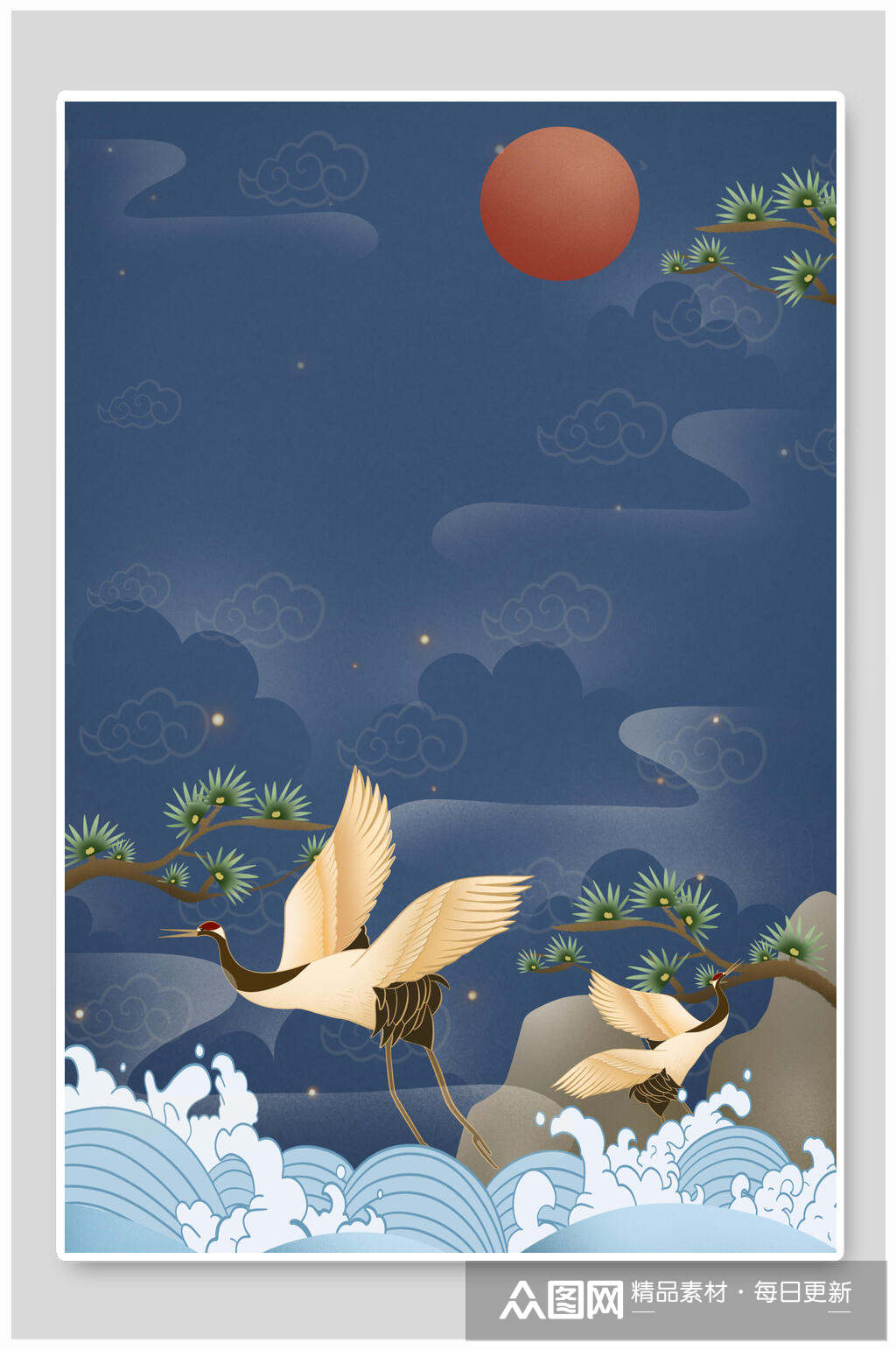国潮背景蓝底海浪红日仙鹤吉祥免抠背景
