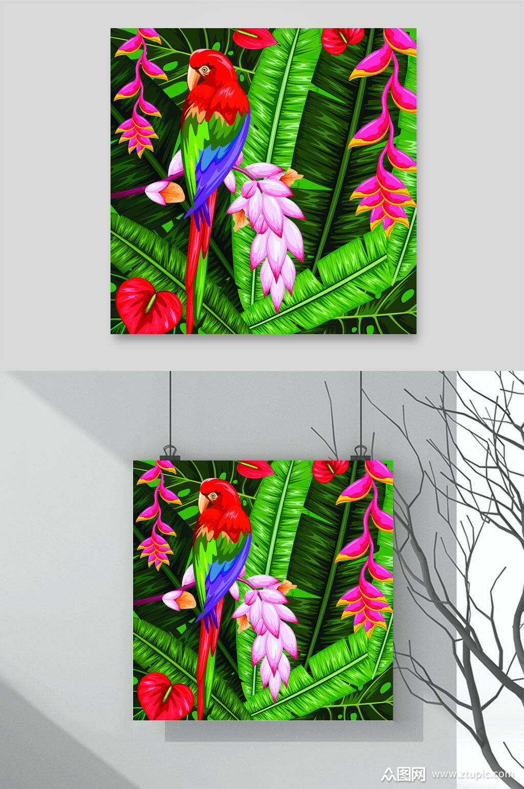 清新热带植物北欧风火烈鸟矢量素材模板下载-编号1615022-众图网