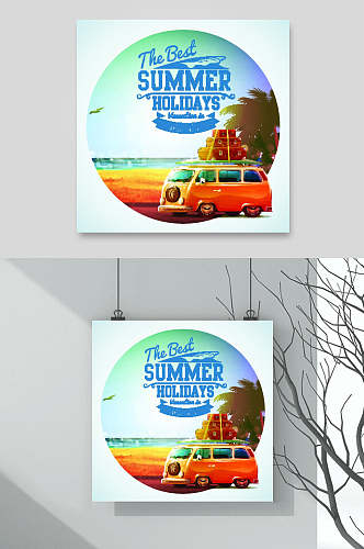 清新夏日假期沙滩度假旅游插画素材海报