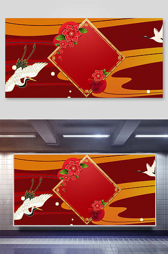 红色国潮牡丹仙鹤背景海报