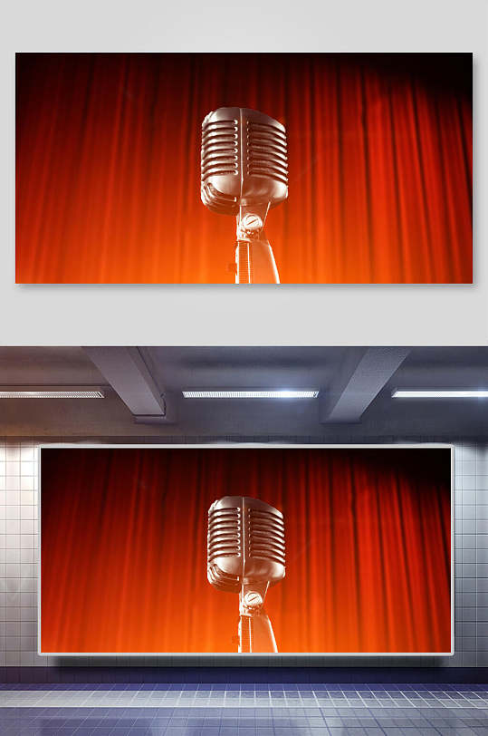 扁平风红布麦克风舞台幕布背景展板
