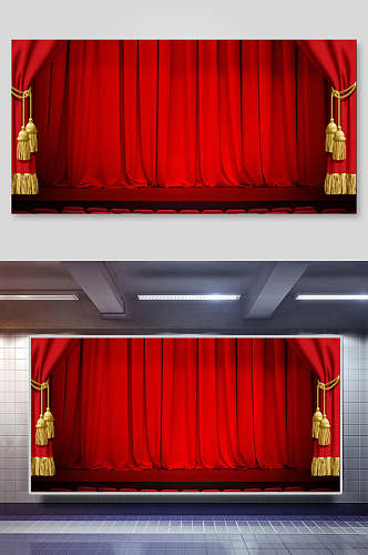 红色中式舞台幕布背景海报