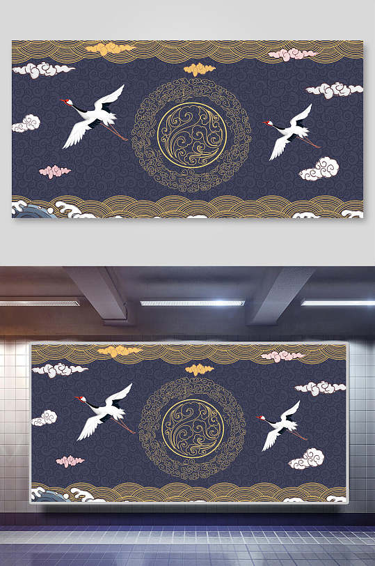 国潮背景金色花边丹鹤素材
