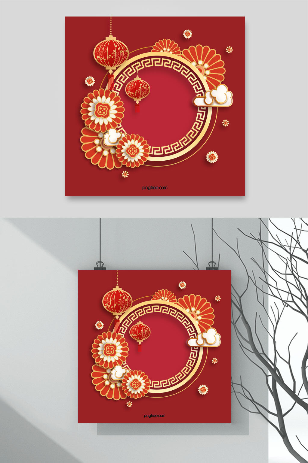 中国风红金剪纸花卉新年素材素材