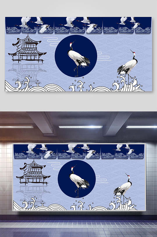 中国风蓝色仙鹤宫殿国潮背景素材