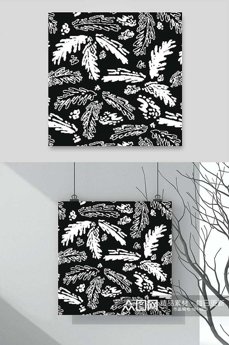 波普风复古黑白树叶花纹图案素材素材