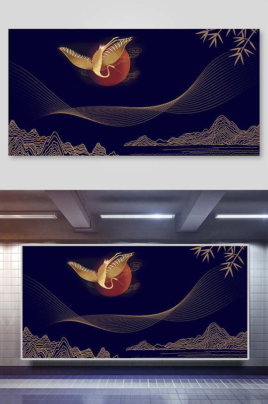 黑金色中国风仙鹤国潮背景