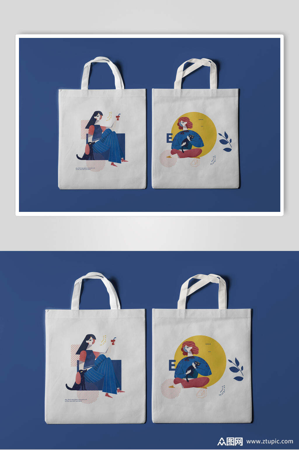 白色扁平化女孩插画手提袋样机素材