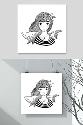鲸鱼矢量手绘女孩人物插画素材