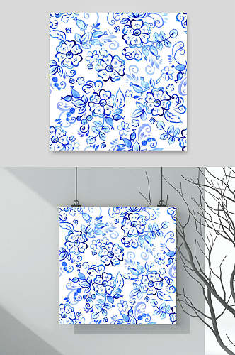 蓝花矢量青花瓷中式花纹元素素材