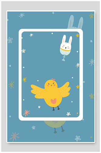 蓝色小鸡小兔卡通动物插画