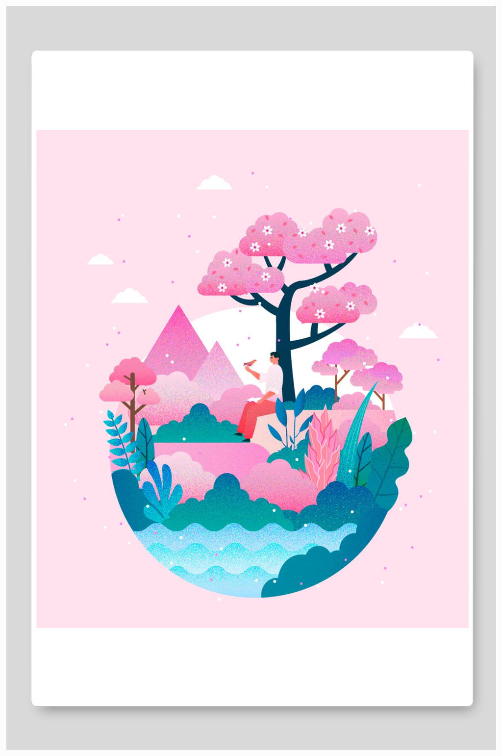 风景山峰树木手绘插画素材