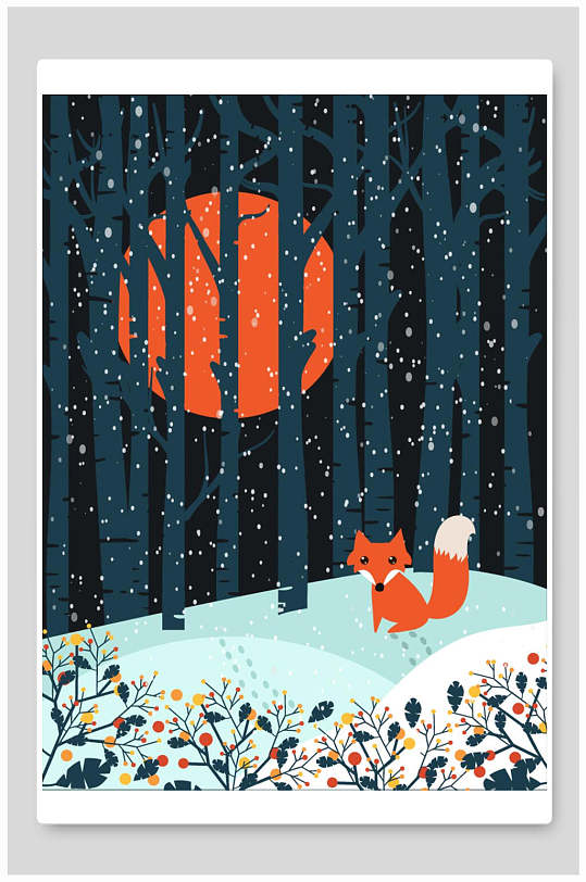 卡通动物插画雪地里的狐狸素材