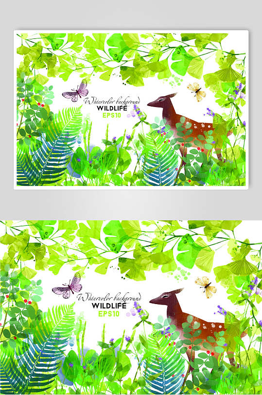 清新森林系动物鹿蝴蝶矢量插画素材