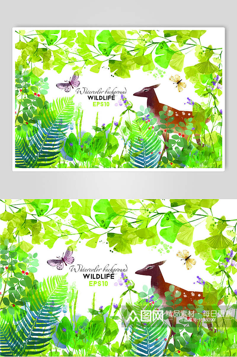 清新森林系动物鹿蝴蝶矢量插画素材素材