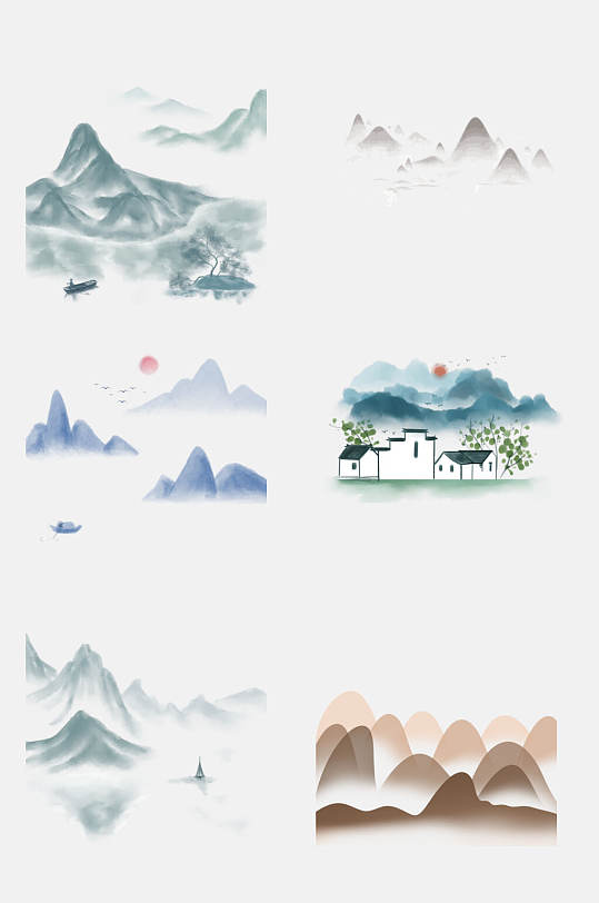 红日黑白水墨山峰古风设计元素