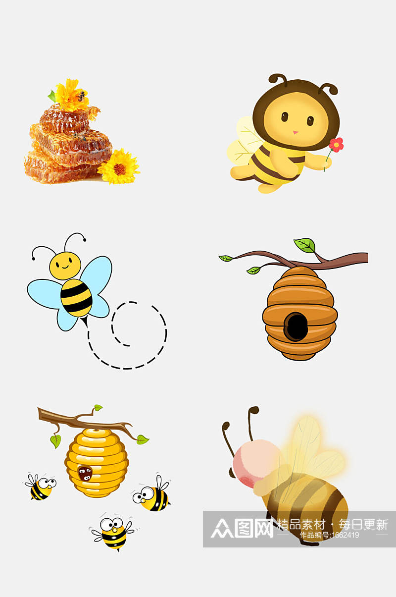 蜜蜂蜂巢穴蜂蜜卡通蜜蜂设计元素素材