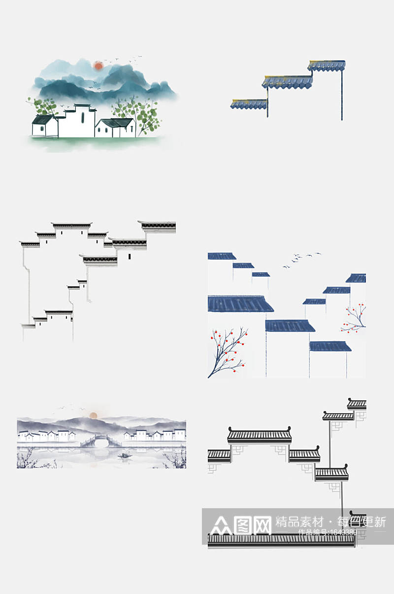 卡通江南徽派建筑元素素材素材