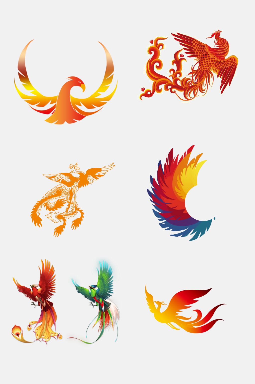 彩色羽毛火焰展翅翱翔凤凰设计元素