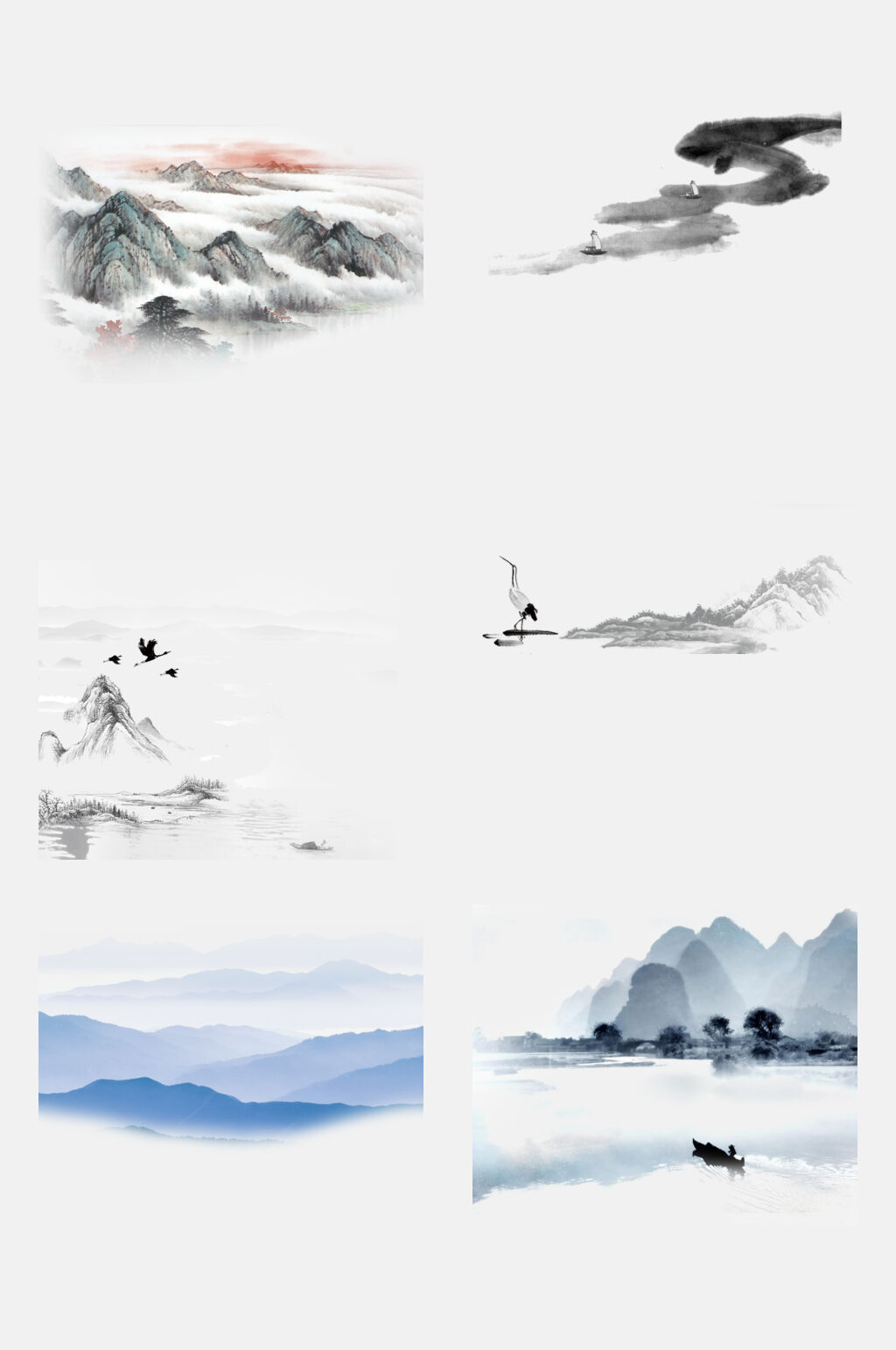 中国水墨水彩山水免扣元素素材