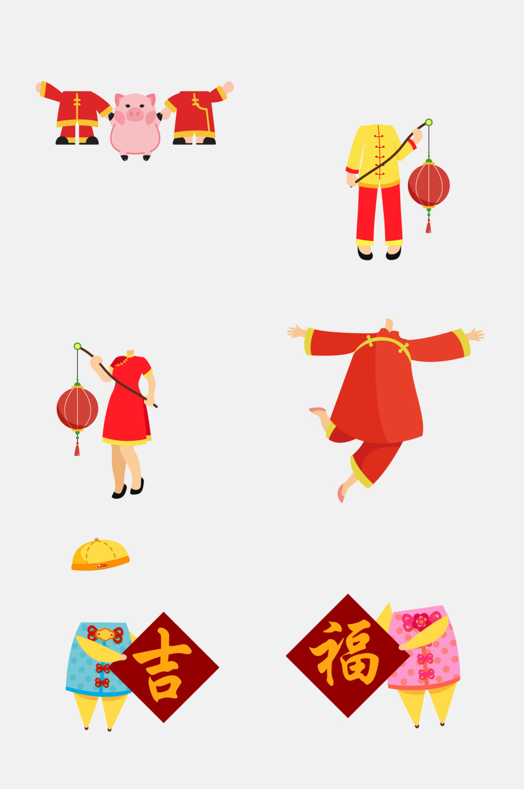春节卡通打灯笼送福元素素材