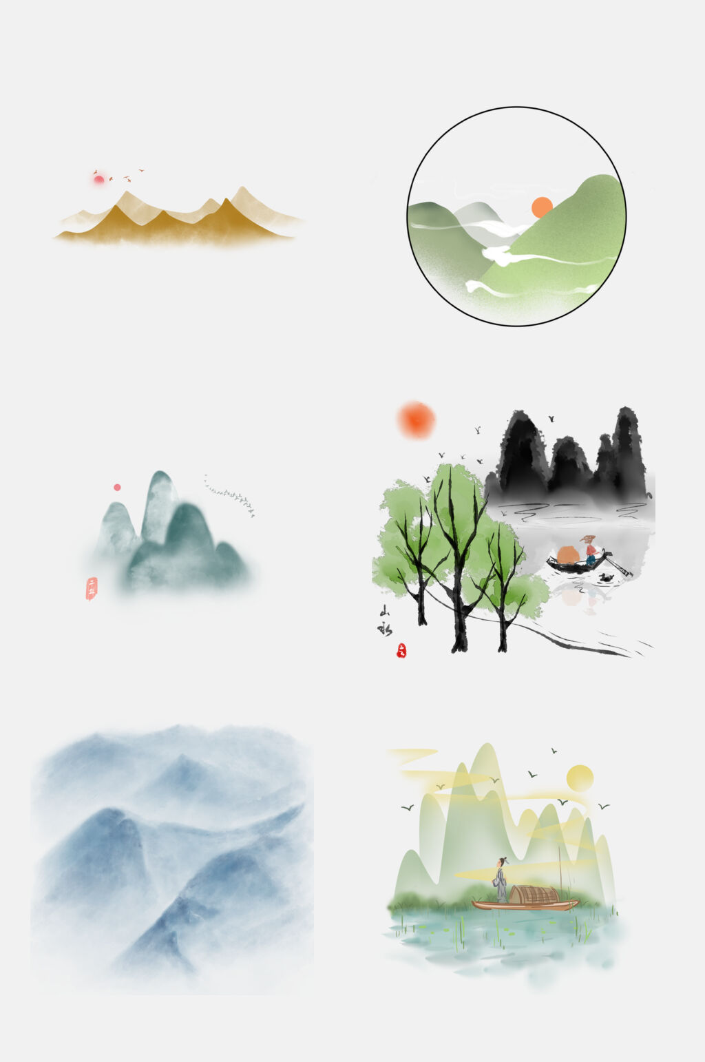 中式水墨画山水免扣元素素材