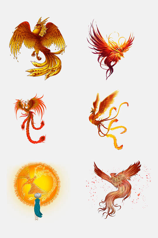 展翅飞翔火红金黄凤凰设计元素