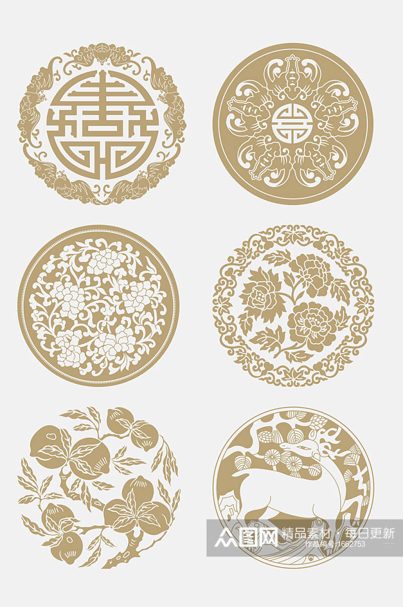 中式圆形古典镂空贴纸元素素材