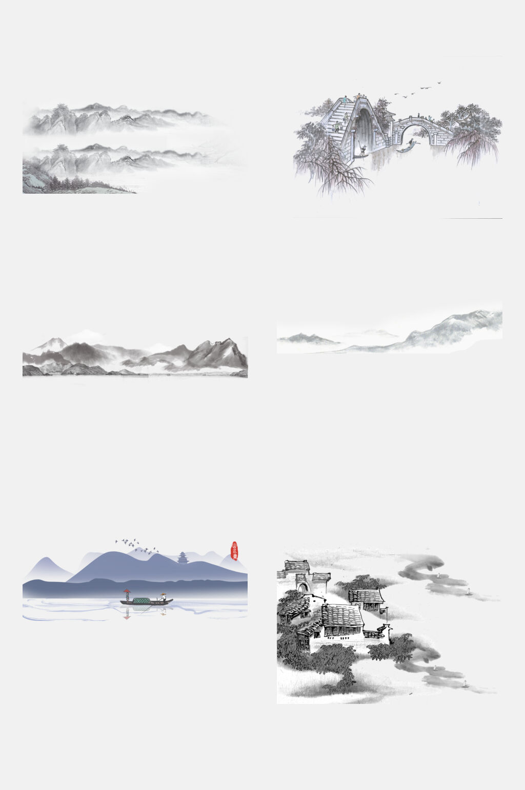 晕染水墨山水新中式免扣元素素材