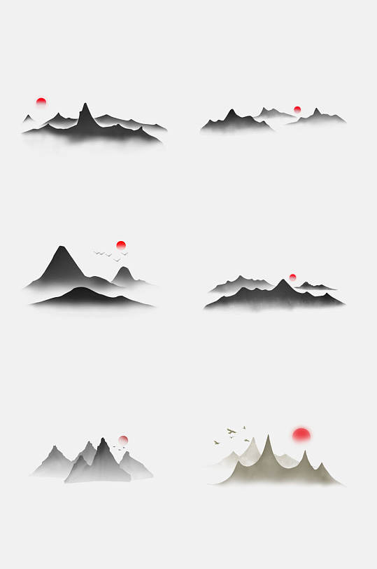 红日水墨山脉山峰设计元素