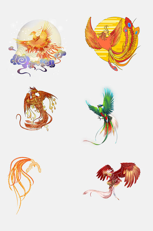 火焰展翅飞翔彩色羽毛凤凰设计元素