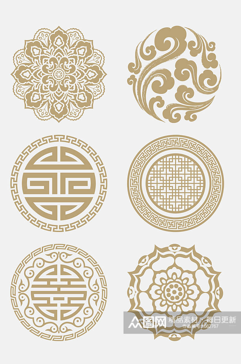 中式圆形古典镂空窗花元素素材