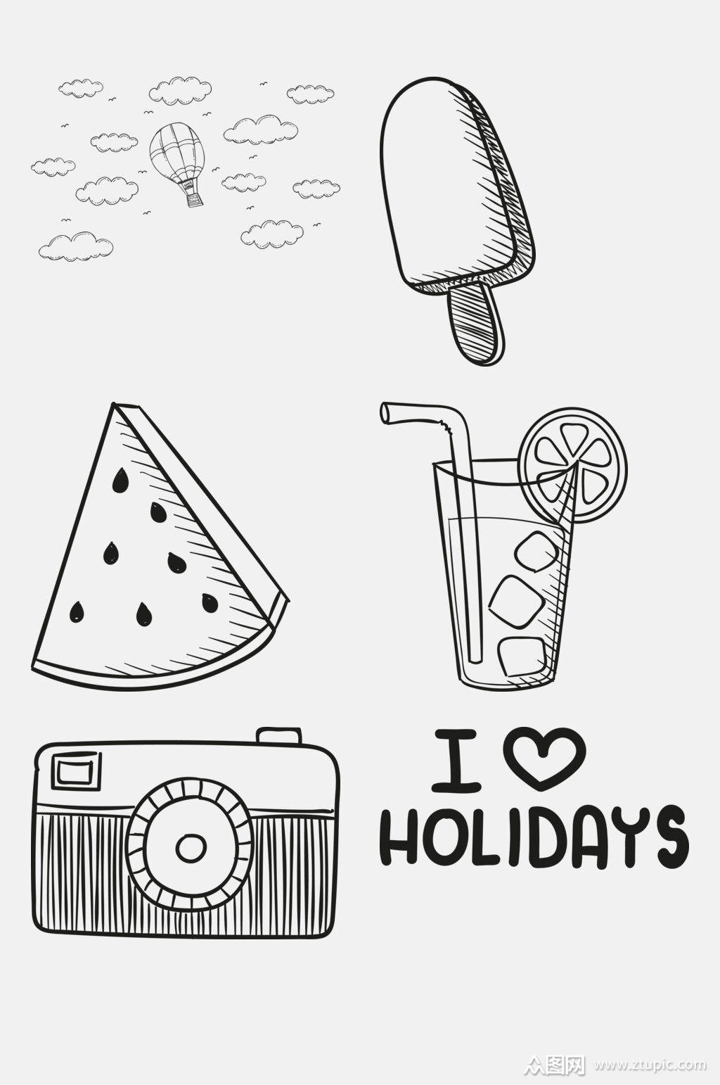 黑白手绘涂鸦免抠元素素材